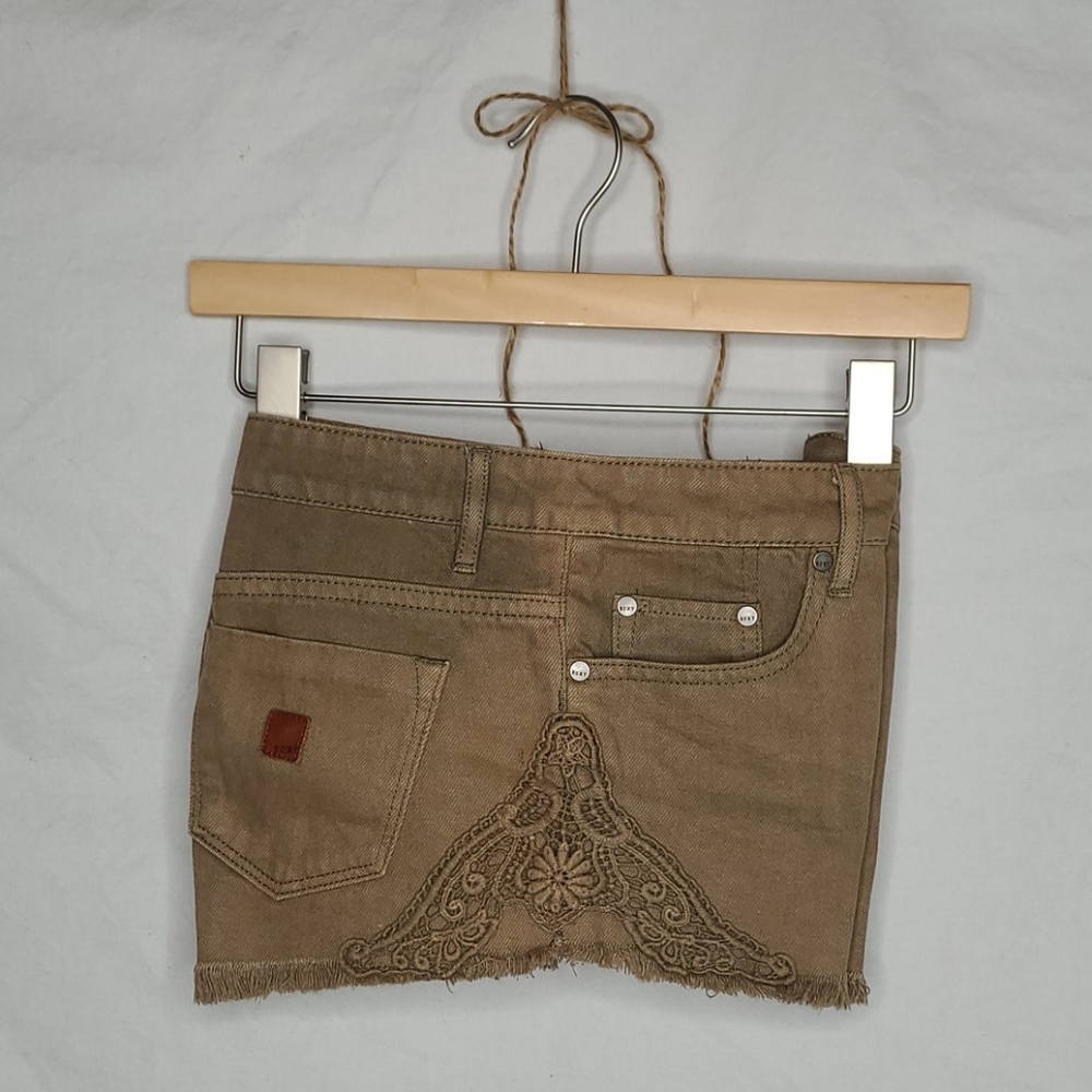 ROXY Khaki Denim Lace Accent Cutoff Shorts